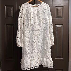 White Lace Long-Sleeve Ruffle-Hem Dress